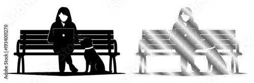 Woman working on laptop with dog on park bench, contrasted with abstract representation