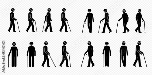Elderly people with walking sticks in various poses, showing movement and standing positions.