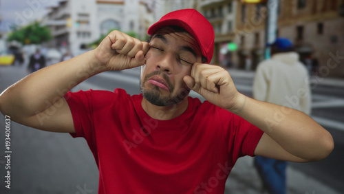 Fotografía Delivery courier man wearing bright red cap and matching shirt rubbing eyes in busy street; sadness