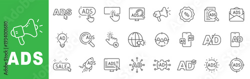Advertising and marketing outline icon set featuring ads, megaphone, targeting, banner, campaign, analytics, editable stroke vector design for business media.