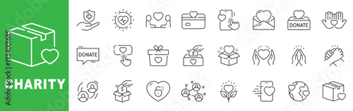 Charity and donation outline icon set featuring heart, fundraising, volunteer, support, nonprofit, editable stroke vector design for humanitarian projects.
