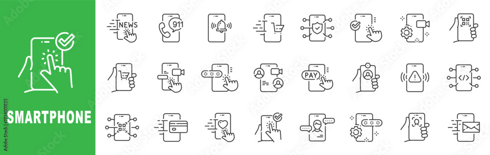 Fototapeta premium Smartphone line icon set featuring mobile apps, notifications, payment, security, chat, QR scan and editable stroke outline symbols.