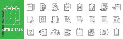 Note and task outline icon set featuring checklist, planner, calendar, reminder, productivity, editable stroke vector design.