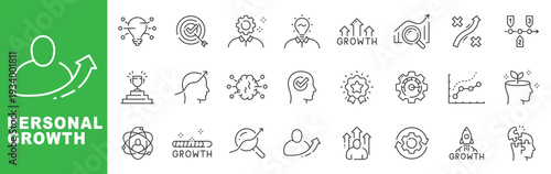 Personal growth and self development outline icon set featuring career progress, mindset improvement, leadership, achievement and business growth editable stroke vector design.