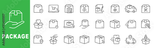 Package and delivery outline icon set featuring parcel box, shipping truck, tracking, secure packaging, logistics and ecommerce fulfillment vector design.