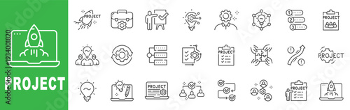 Project management line icon set featuring planning, teamwork, startup launch, checklist, gears and editable stroke outline business symbols.