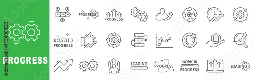 Progress workflow line icon set featuring gears, arrows, charts, loading bars, analytics, optimization and editable stroke outline symbols for business dashboards.