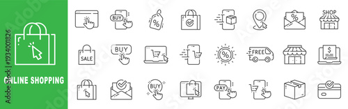 Online shopping outline icon set featuring ecommerce cart, secure payment, discount offer, fast delivery, editable stroke vector design.
