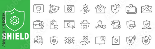 Shield security line icon set featuring cybersecurity, encryption, firewall, secure payment, healthcare protection and editable stroke outline symbols.