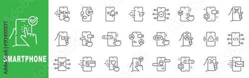 Smartphone line icon set featuring mobile apps, notifications, payment, security, chat, QR scan and editable stroke outline symbols.