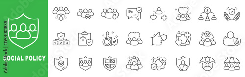 Social policy line icon set featuring community care, healthcare coverage, government support and editable stroke outline symbols.