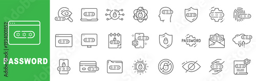 Password and cybersecurity outline icon set featuring login, secure access, encryption, shield protection and authentication editable stroke vector design.