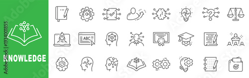 Knowledge outline icon set featuring learning, education, expertise, innovation, certification, editable stroke vector design for academic and business use.