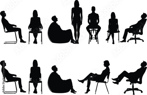 Flat vector silhouettes of people sitting and standing in diverse postures on chairs, stools, bean bag, ergonomic study, design illustration