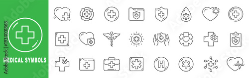 Medical symbols outline icon set featuring healthcare cross, emergency aid, hospital protection, editable stroke vector design.