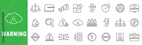 Warning line icon set featuring alert symbols, danger signs, security shields, SOS notifications and editable stroke outline icons.