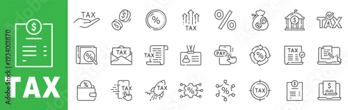 Tax line icon set featuring finance, percentage rates, filing documents, payments and editable stroke outline symbols.