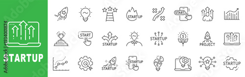 Startup line icon set featuring rocket launch, business growth, innovation strategy and editable stroke outline symbols.