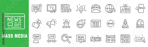 Mass media outline icon set featuring news, journalism, broadcast, live reporting, press coverage, editable stroke vector design.
