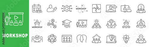 Workshop line icon set featuring training seminar, teamwork collaboration, online meeting, certification and editable stroke outline business symbols.