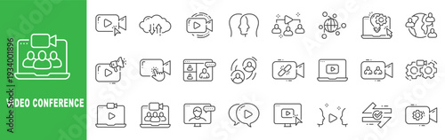 Video conference line icon set featuring online meeting, livestream broadcast, webinar communication and editable stroke outline symbols.