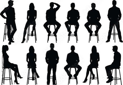 Flat vector silhouettes of people sitting and standing on stools, diverse postures, human body language, ergonomic study, design illustration reference