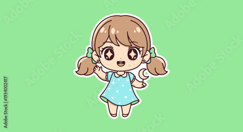 A young girl with pigtails stands happily on a green background