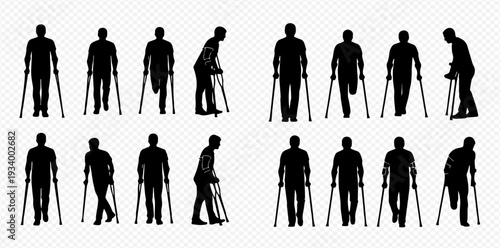 Set of silhouettes of people with crutches, showing various poses and movements, representing disability and recovery.