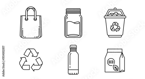 Set of 6 Outline Recycling and Eco-Friendly Icons Vector isolated on White Background