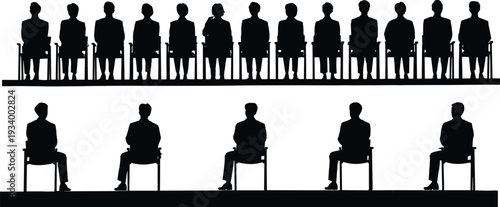 Flat vector silhouettes of people sitting in rows on chairs, group audience, jury panel, social dynamics, human posture design illustration