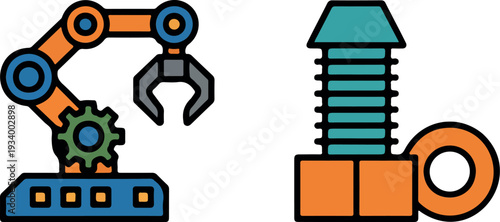 Robot arm picks up hardware parts in a workshop setting near tools and machinery during the daytime