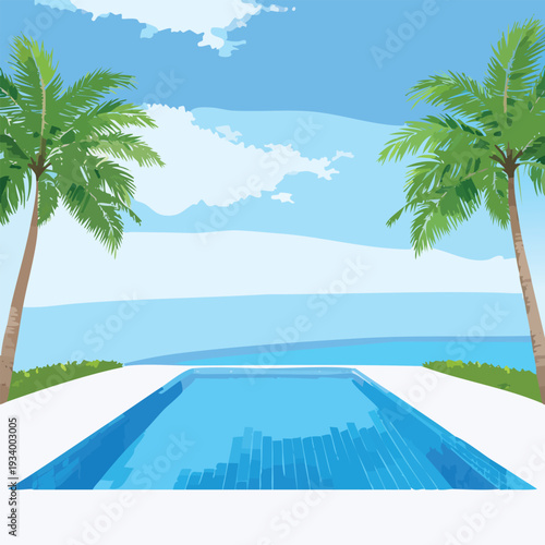 Swimming pool scene with palm trees and a sunny seascape