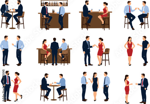 Flat vector silhouettes of people socializing in bar lounge, communication, conversation, body language, evening attire, professional social interaction illustration