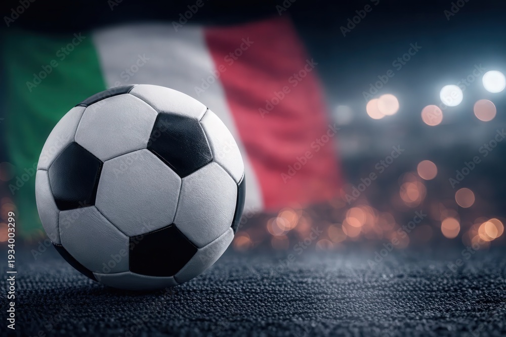Naklejka premium Soccer Ball with Italy Flag in Stadium Lights