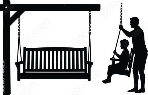 Flat vector silhouettes of porch swing and playground swing, child and adult interaction, outdoor family activity, park recreation, design illustration