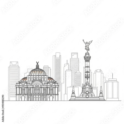 A black and white line art illustration of a city skyline with a prominent building and monument