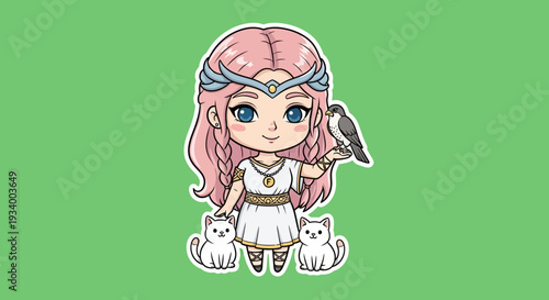 A cartoon girl with pink hair holding a bird with two cats beside her in a simple illustration style