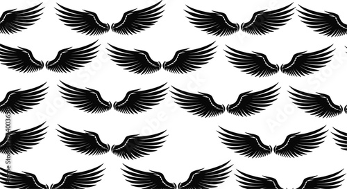Seamless Pattern of Black Angel Wings on White Background Keywords: wings, angel, black, white, pattern, seamless, background