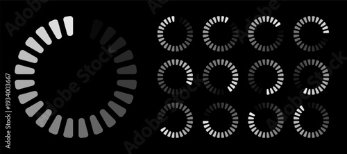 Minimalist circular loading buffering icon set with thick bar style progress status for digital UI UX dark mode interface design.
