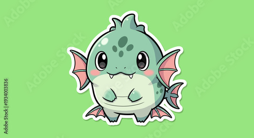 Adorable cartoon dragon illustration with fins and spots on a simple background viewed from the front