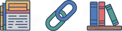 Vector illustration featuring card files, link icon, and stacked books symbolizing organization and information management in digital and physical formats