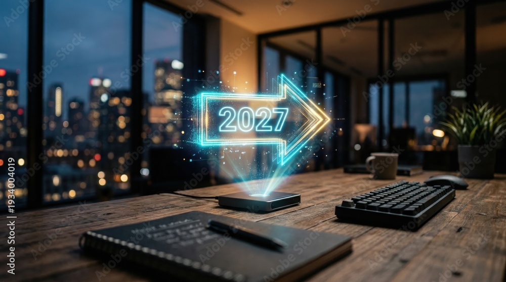 Naklejka premium Desk workspace with floating 2027 arrow hologram above device. 2027 business direction concept.