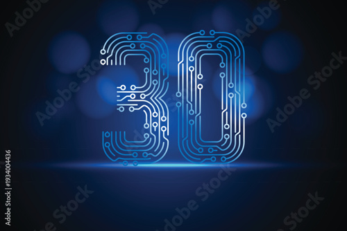 Number thirty with circuit board lines on blue background