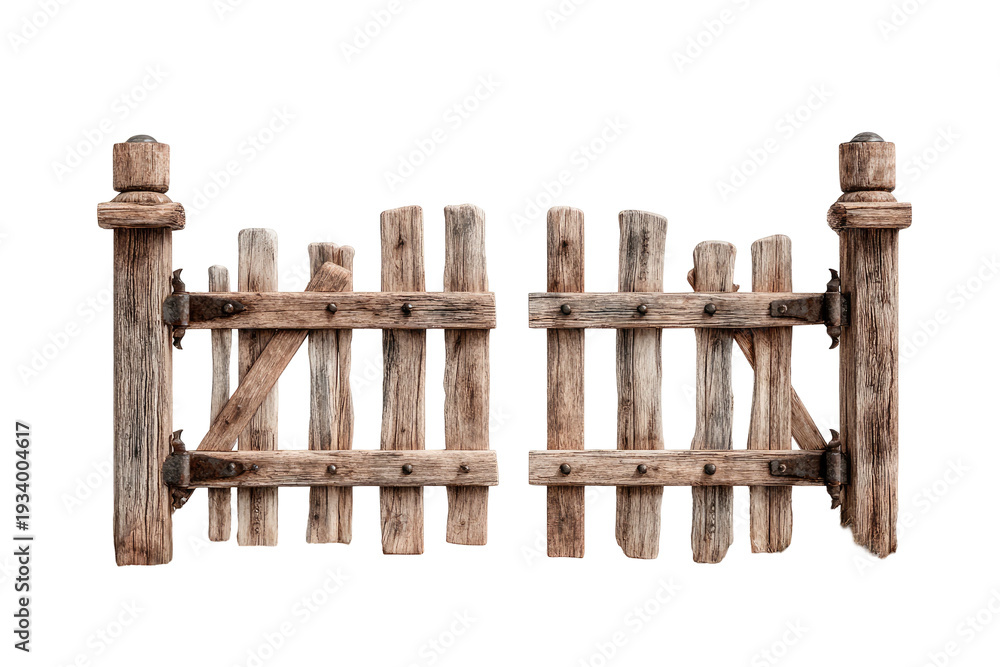 Naklejka premium Rustic wooden gate, weathered, open, with hinges and posts, isolated on a black background