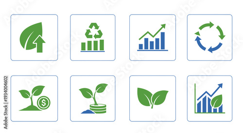 Set of 8 Green Economy and Sustainable Growth Icons Vector isolated on White Background