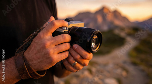 Close up of hands holding a mirrorless camera with a prime lens, framed by a vibrant mountain sunset backdrop. Outdoor photography adventure.