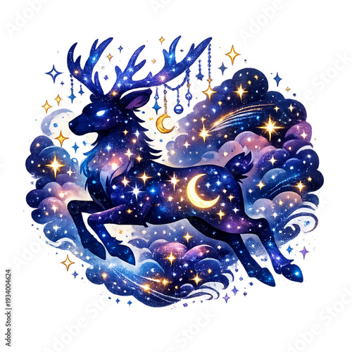 celestial reindeer, cosmic reindeer, reindeer in flight, magical reindeer, fantasy creature, space theme, cosmic sky, starry night, galaxy background, nebula clouds, moonlight glow, aurora lights, win