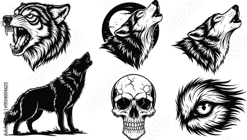 Wolf and Skull Illustration Pack: A dramatic collection of intricately detailed illustrations, featuring the primal energy of wolves howling at the moon and a haunting human skull.