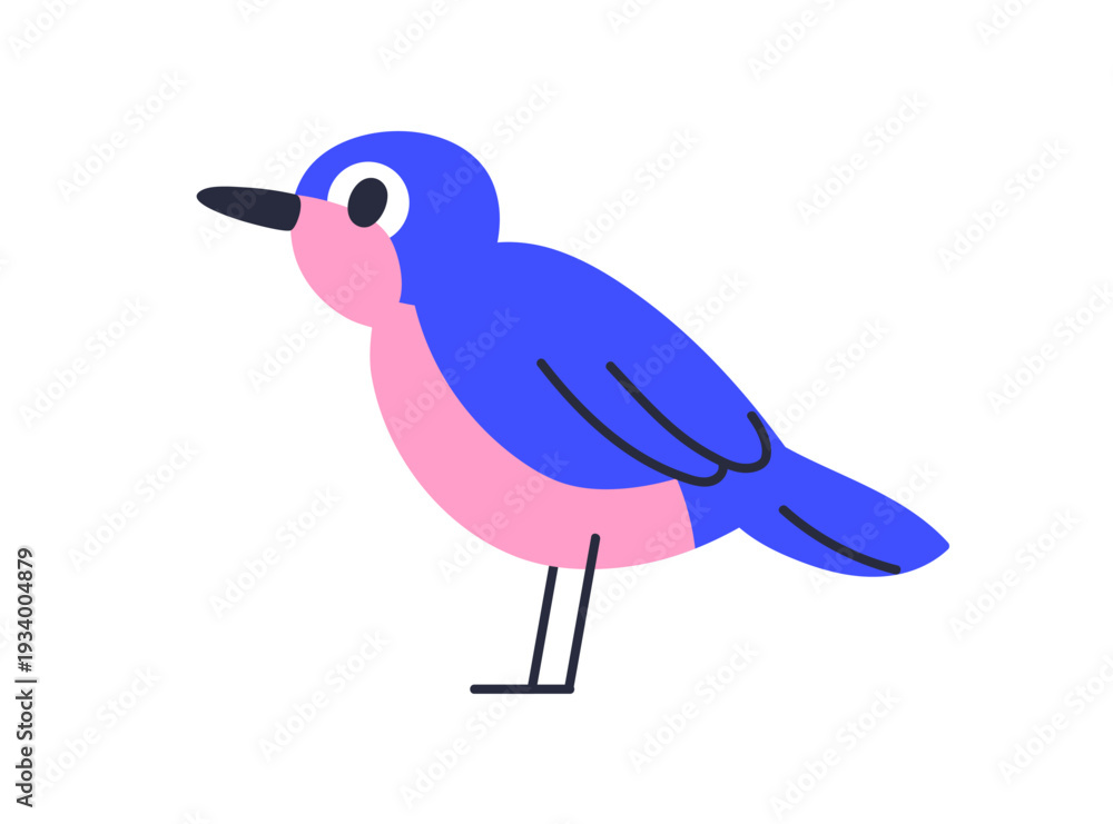 Naklejka premium Bird in profile. Cute small little fiction songbird with bright bicolor plumage. Exotic tropical avian animal with colored feathers, side view. Flat vector illustration isolated on white background