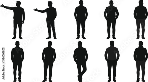 Silhouettes of men in various standing poses, casual and formal wear, vector illustration for design, character collection